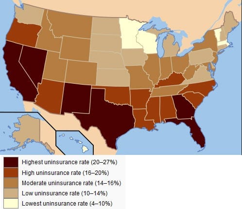 Average Concentration of Uninsured People in America 2009